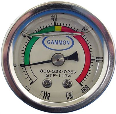 Gammon GTP-1174, Pressure Gauge, 0-100PSI, Glycerine Filled, Center Back Mount, 1/8"NPT Male